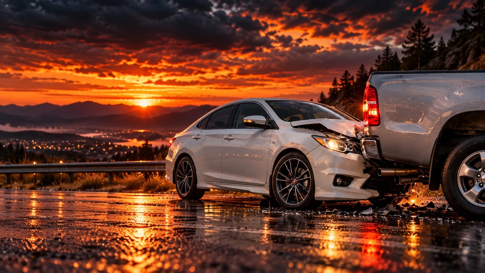 Collision-damaged sedan and pickup on a highway at sunset