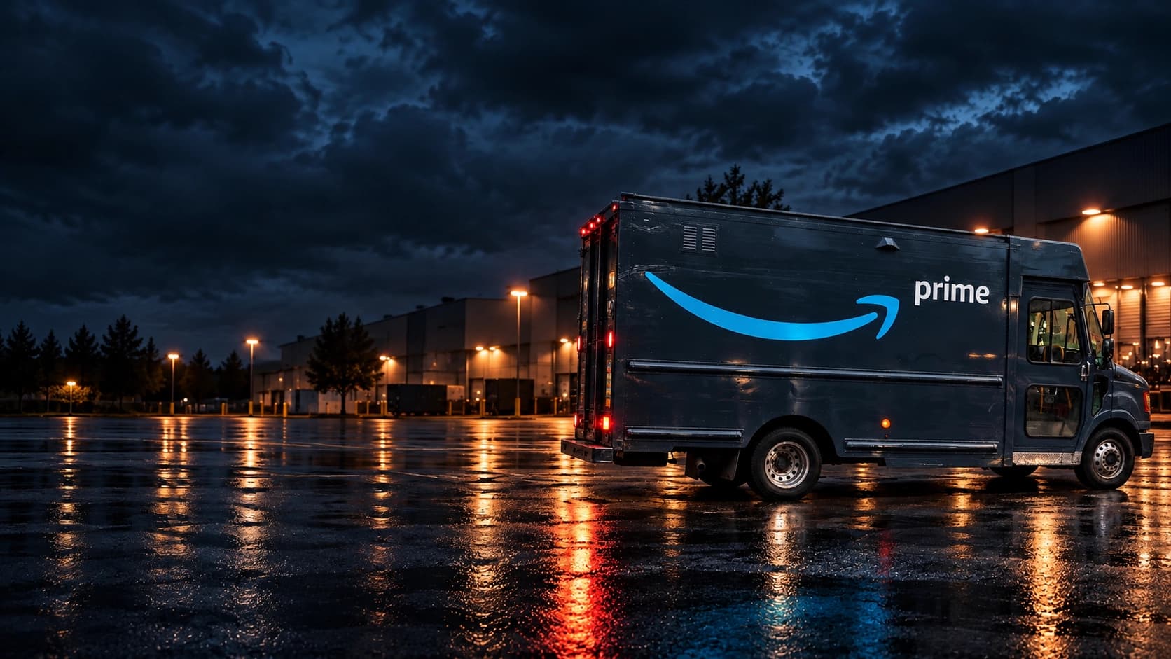 Fleet delivery truck parked outside a warehouse at dusk