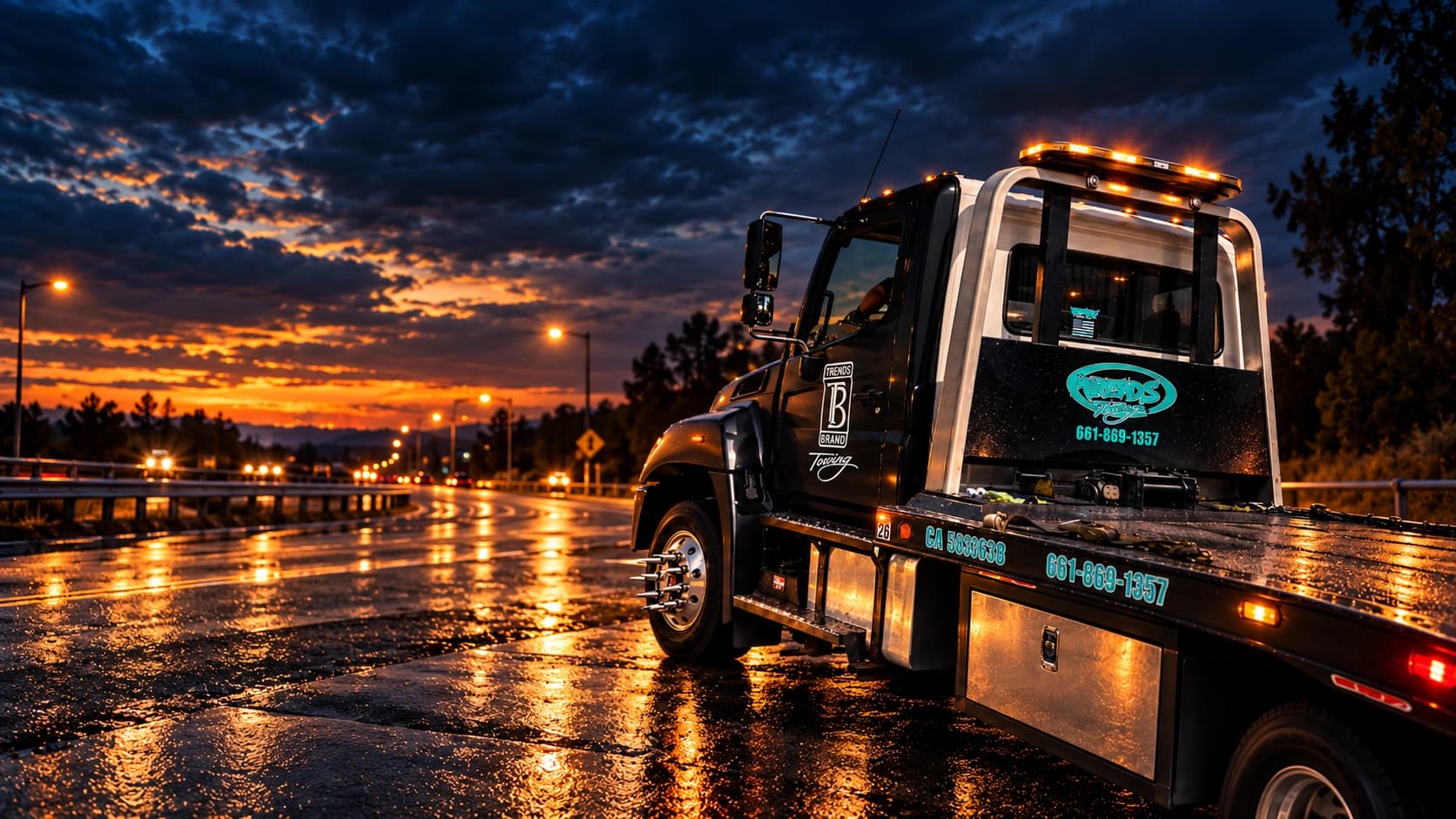 Trends tow truck parked at dusk
