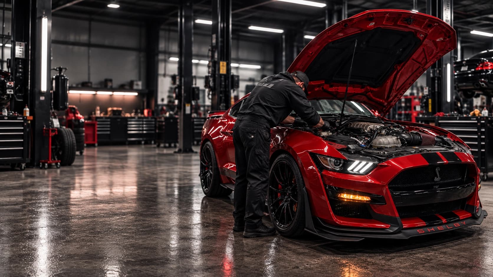 Technician working beneath the hood of a red sports car