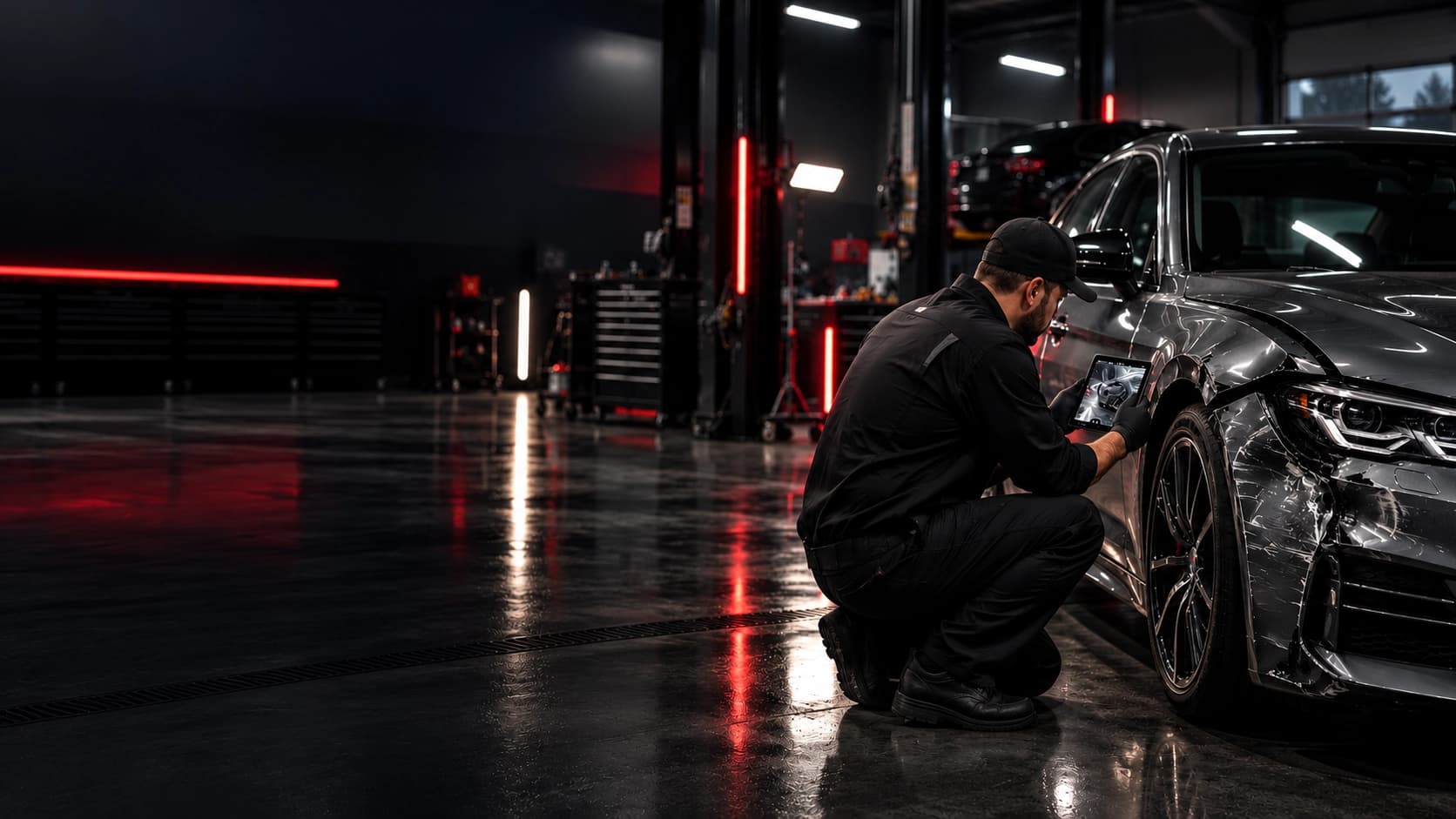 A collision repair technician assessing damage to a vehicle